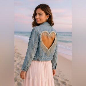 Carole Christian Denim Jacket Heart Cutout Metallic Fringe Festival Lightwash S
